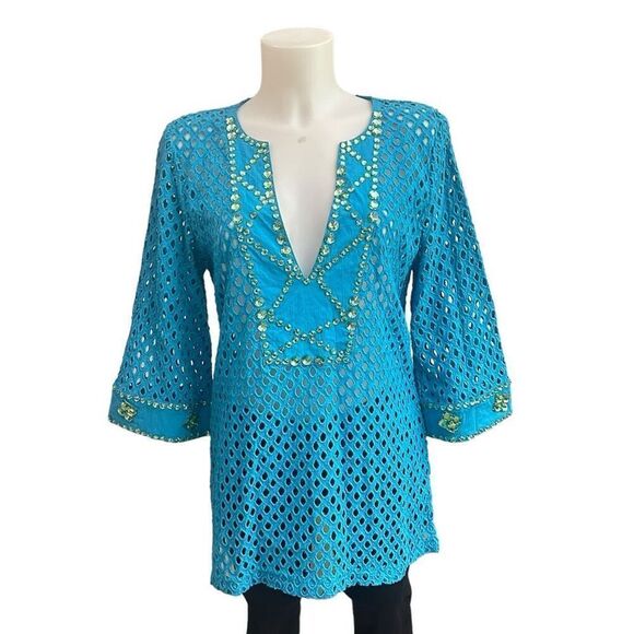 Soft Surroundings Blue Eyelet Tunic Cover Up Top Rhinestones‎ Embellished sz S - Picture 1 of 8